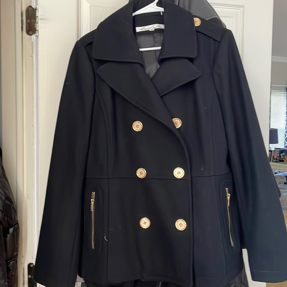 Kenneth Cole Double Breasted Black Pea Jacket, with Gold Buttons & Zippers
